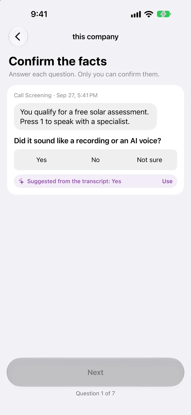 Nomer's Confirm the facts screen, asking whether a call sounded like a recording