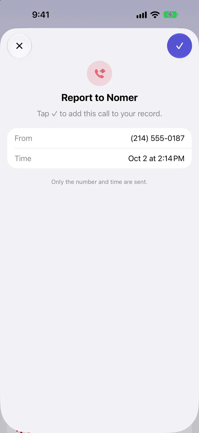 Nomer's Report to Nomer sheet for a call from Recents, showing the number and time
